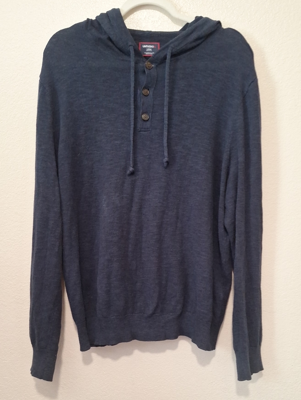 UNTUCKit Cotton-Linen Navy Hooded Henley Pullover, Large